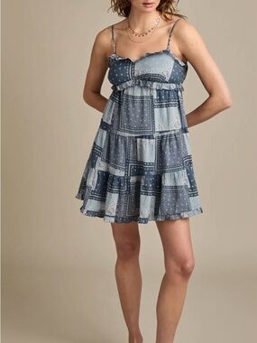 Lucky Brand Blue Patchwork Tiered Mini Dress XXL Boho Cotton